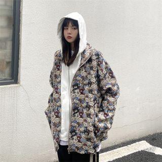 Mock Two-piece Bear Print Zip-up Hoodie