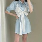 Short-sleeve Mock Two-piece Bow Accent Mini Shirtdress