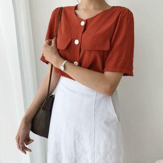 Collarless Flap Pocket Detail Blouse