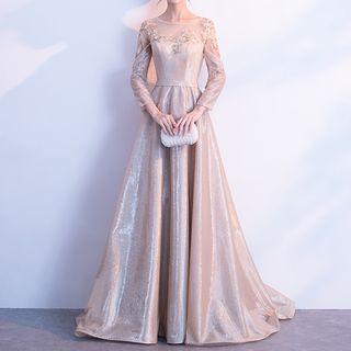 Flower Applique Long-sleeve A-line Evening Gown