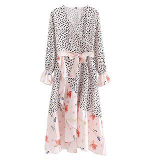 Long-sleeve Paneled Midi A-line Wrap Dress
