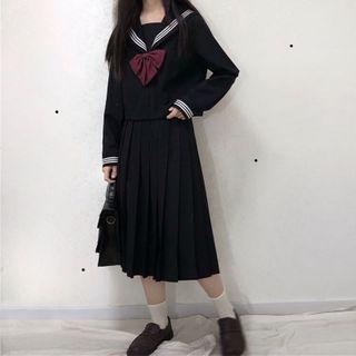 Set: Long-sleeve Sailor Collar Top + Midi Pleated Skirt Top - Black - One Size / Skirt - Black - One Size