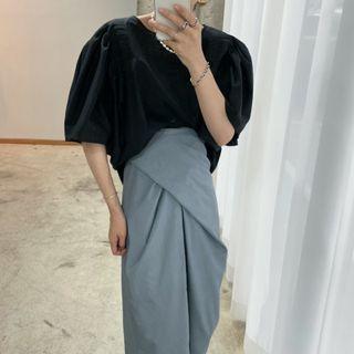 Puff-sleeve Round Neck Plain Top / High Waist Plain Twisted Long Skirt