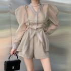 Puff-sleeve Ruched Blouse / Shorts