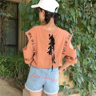 Lettering Lace Up Back Short Sleeve T-shirt