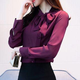 Long-sleeve Buttoned Ribbon-neck Chiffon Blouse