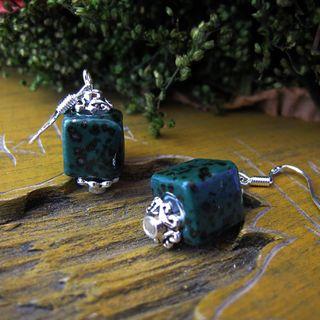 Ceramic Cube Dangle Earring Cube - Pattern - Green - One Size