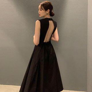 Sleeveless Crew Neck Plain Open Back A-line Dress