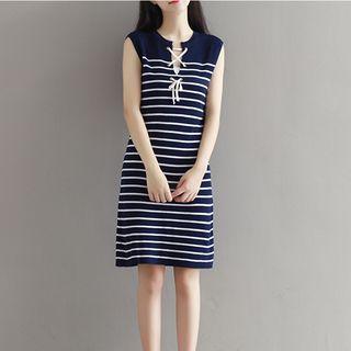 Lace-up Striped Sleeveless Knit Dress