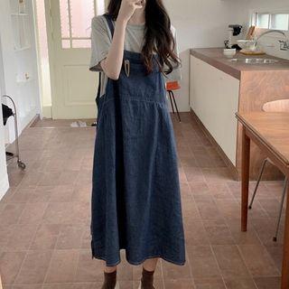 Set: Short-sleeve T-shirt + Midi A-line Denim Pinafore Dress