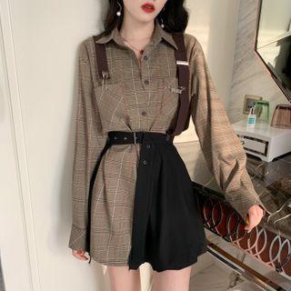 Set: Long Sleeve Plaid Shirt + Pleated Mini A-line Skirt