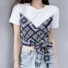 Mock Two-piece Short-sleeve Tie-waist Print Cropped T-shirt