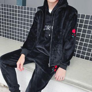 Set: Zip Vest + Velvet Lettering Hoodie + Sweatpants