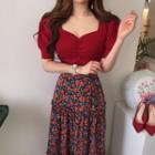 Sweetheart Neckline Puff-sleeve Knit Top / Floral Print Maxi A-line Skirt