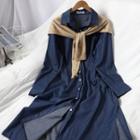Set: Denim Long-sleeve Midi Skirt Dress + Scarf Scarf - Almond - One Size / Dress - Blue - One Size