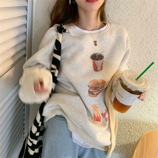 Graphic Print Sweatshirt Hamburger Print - Light Melange Gray - One Size
