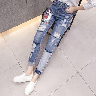 Printed Distressed Slim Fit Jeans