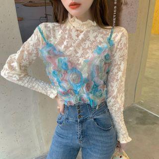 Mock-neck Lace Top / Color Block Mesh Camisole Top