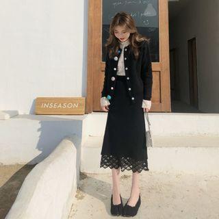 Pom Pom Button Cardigan / Lace Midi Skirt / Lace Long-sleeve Top