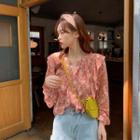 Floral Print Ruffled Blouse / Shirred Midi A-line Skirt