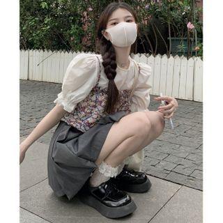 Puff-sleeve Blouse / Floral Print Camisole Top / A-line Skirt