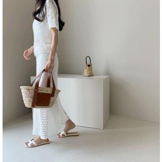 Set: Short-sleeve Open-knit Cardigan + Maxi Skirt