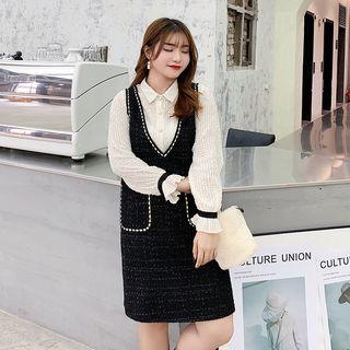 Set : Ruffle Shirt + Tweed V-neck Tank Dress
