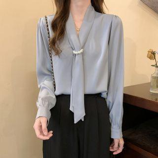 Long-sleeve Faux Pearl Mock-tie Blouse