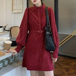 Long-sleeve Stand Collar Mini A-line Corduroy Shirtdress