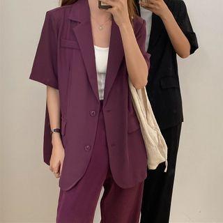 Short-sleeve Single-breasted Blazer / High-waist Straight-cut Dress Pants