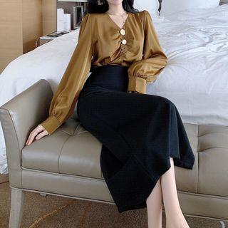 V-neck Blouse / A-line Midi Skirt