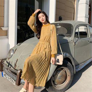 Lantern-sleeve Midi Floral Pleated Dress