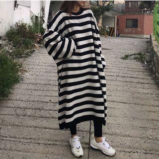 Long-sleeve Striped Knitted Long Dress As Shown In Figure - One Size