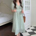 Puff-sleeve Floral Print A-line Dress Blue Floral - Off-white - One Size