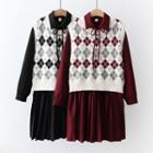 Set: Long-sleeve Tie-neck A-line Shirtdress + Argyle Sweater Vest