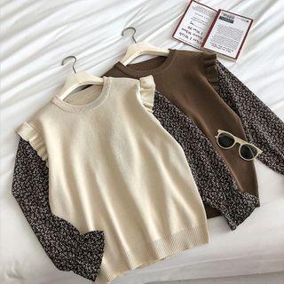 Mock Two-piece Crewneck Panel Floral Long-sleeve Knit Top