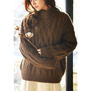 Drop-shoulder Wool Blend Cable Sweater