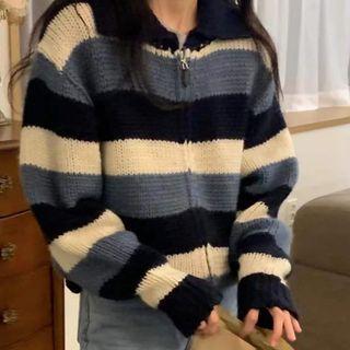 Peter Pan Collar Stripe Loose Fit Zip Up Sweater