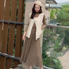 Set: Mock Neck Long-sleeve Top + Vest + Midi Pleated Skirt