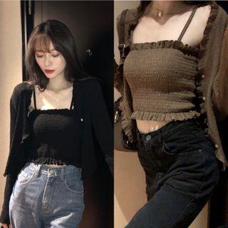 Set: Ruffle Cropped Camisole Top + Light Jacket