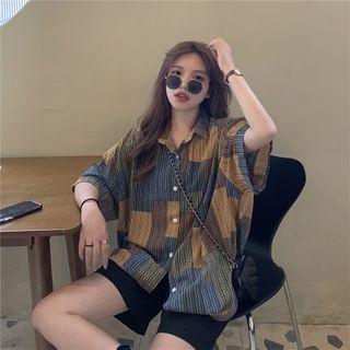 3/4-sleeve Print Shirt Brown & Khaki & Blue - One Size