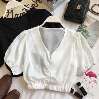 Puff-sleeve V-neck Cropped Top