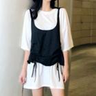 Short-sleeve Plain T-shirt + Sleeveless Drawstring Plain Top Black - One Size
