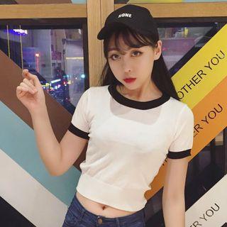 Piped Short-sleeve Knit Sweater