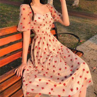 Short-sleeve Strawberry Embroidered A-line Mini Dress