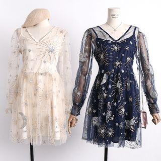 Set: Glitter Long-sleeve A-line Mesh Dress + Slipdress