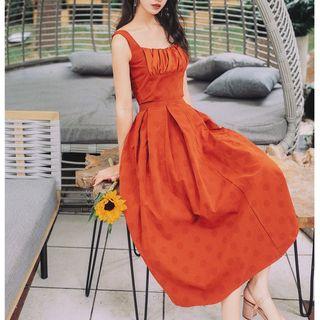 Set: Dotted Camisole Top + High-waist Midi A-line Skirt