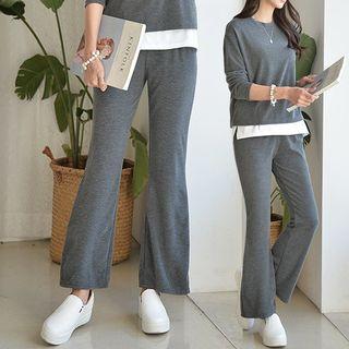 Set: Round-neck Plain Top + Band-waist Boot-cut Pants