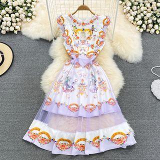 Mesh Panel Printed A-line Tank Dress