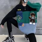 Patch Color Block Sweater Black & Green & Gray - One Size